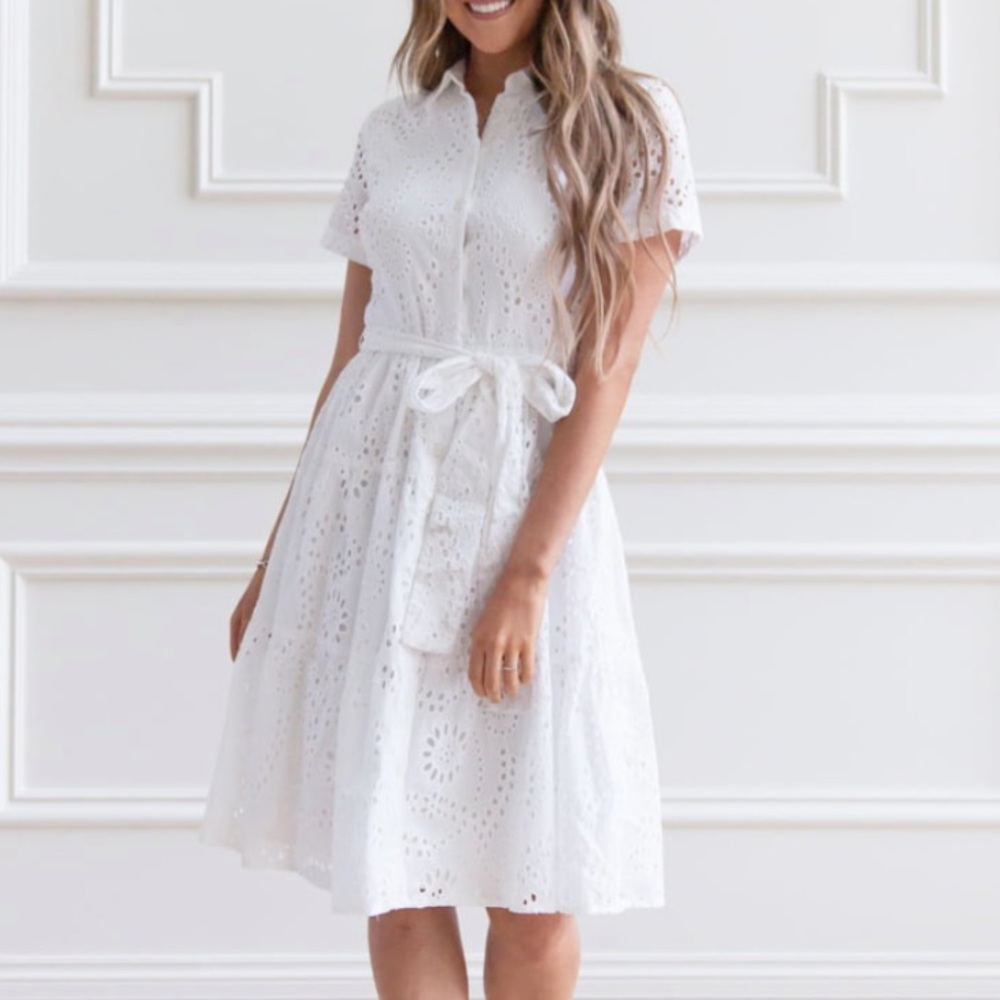 RACHEL PARCELL White Tiered Eyelet Button Up Dress Size Small